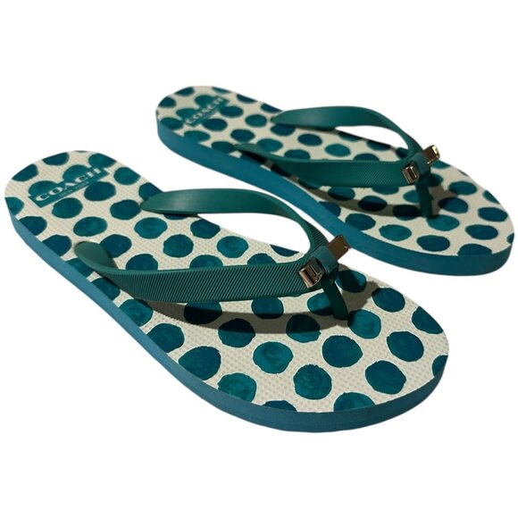Coach Flip Flops Women Size 5/6 Green Dot Bow Flat Slip On Thong Sandal New York - Picture 1 of 16